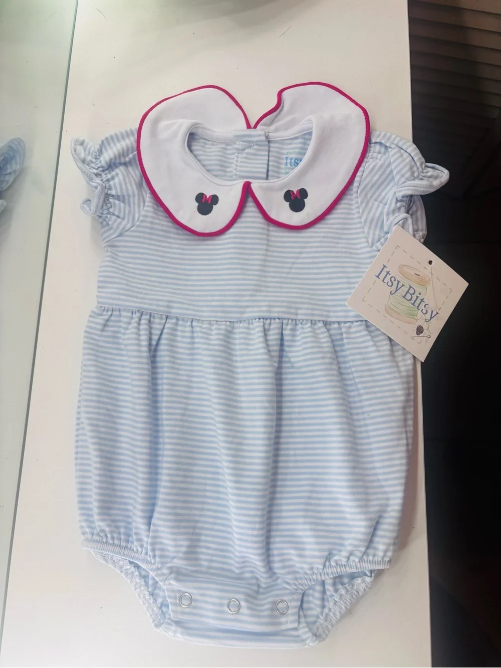 Itsy Bitsy Blue Stripe Baby Girl Onesie with Peter Pan Collar